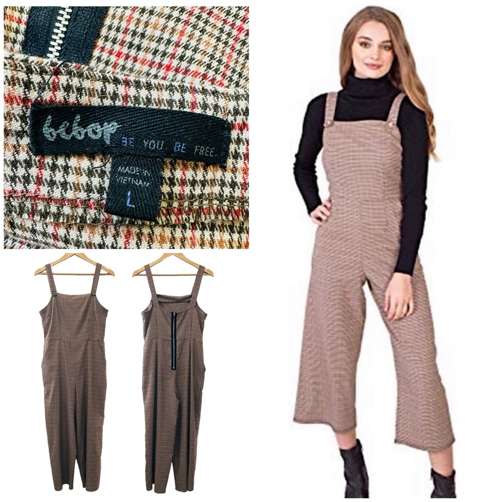 BeBop Houndstooth Coverall Jumpsuit Wide Leg Crop Back Exposed Zipper Brown Red